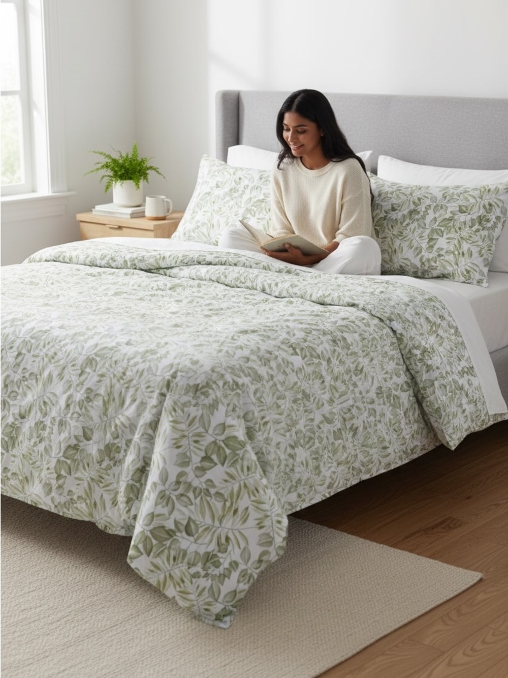 Pottery Barn Green Botanical Leaf Print Organic Cotton Duvet Cover Full/Queen